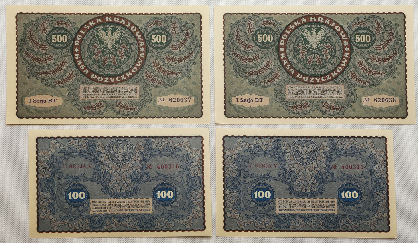 100, 500 złotych 1919 złotych, zestaw 4 banknotów